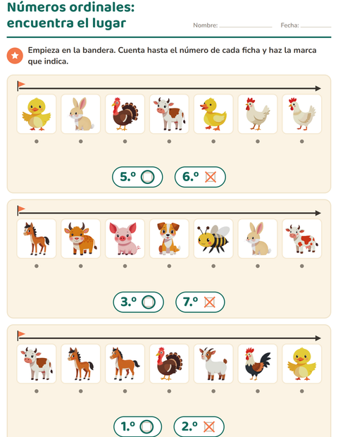 Vista previa de la hoja de Números ordinales con Animales de granja para jardín infantil