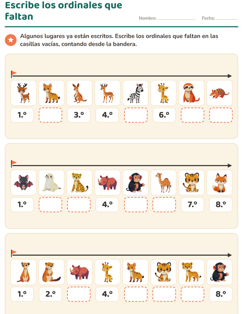 Escribe los números ordinales que faltan — primer grado