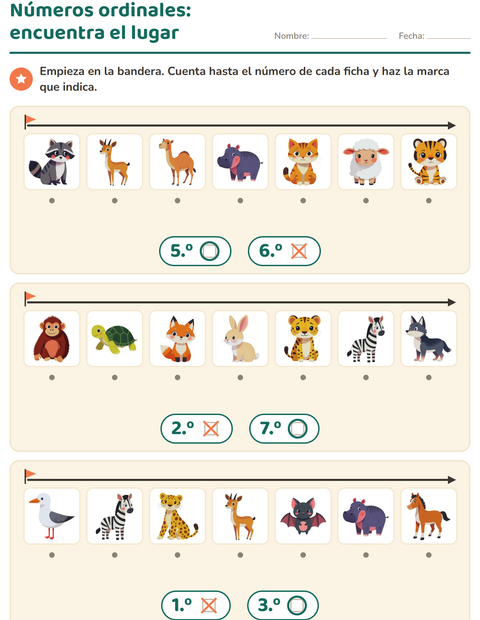 Números ordinales: encuentra el lugar — preescolar