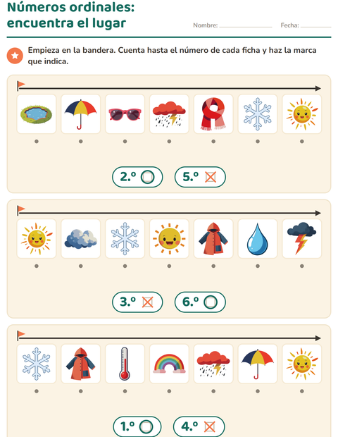 Vista previa de la hoja de Números ordinales con Clima para jardín infantil