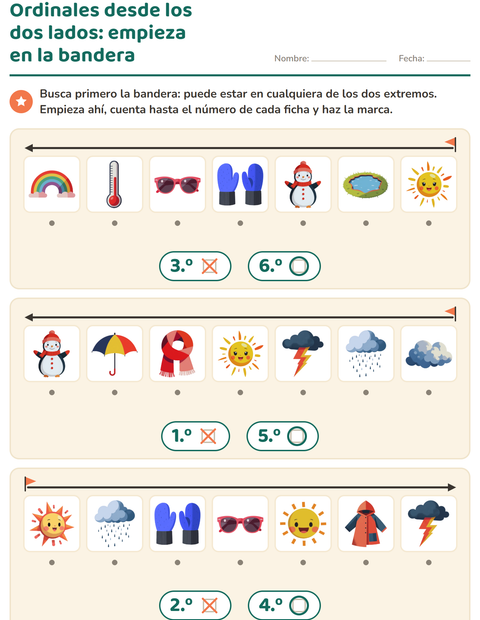 Vista previa de la hoja de Números ordinales con Clima para jardín infantil