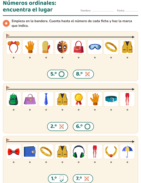 Vista previa de la hoja de Números ordinales con Accesorios para jardín infantil