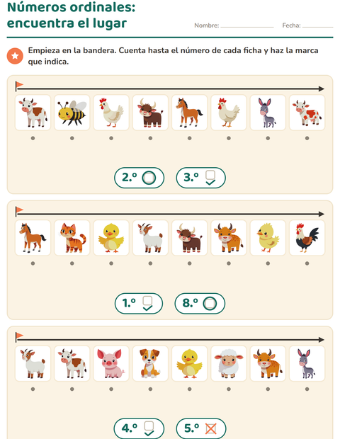 Vista previa de la hoja de Números ordinales con Animales de granja para jardín infantil