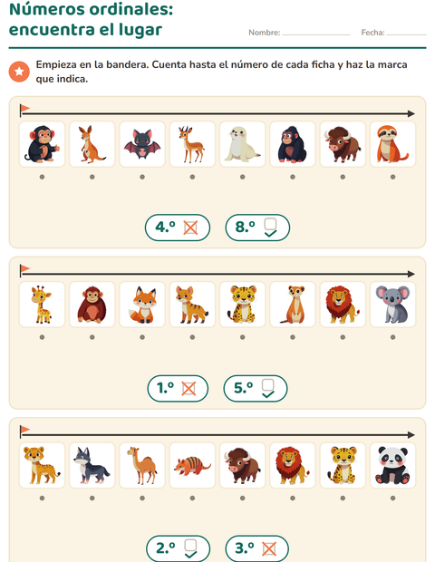 Vista previa de la hoja de Números ordinales con Animales del zoológico para jardín infantil