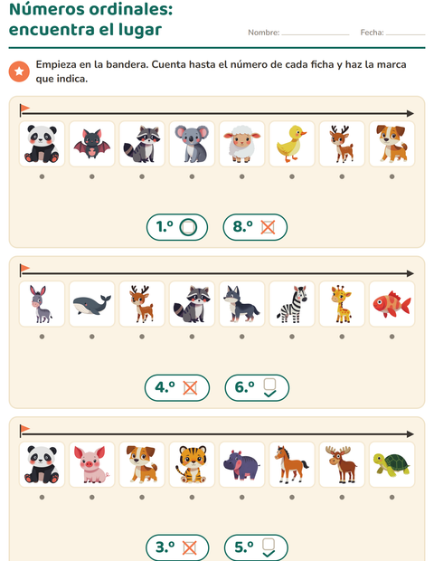 Vista previa de la hoja de Números ordinales con Animales para jardín infantil