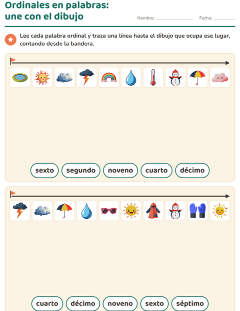 Vista previa de la hoja de Números ordinales con Clima para grado 1