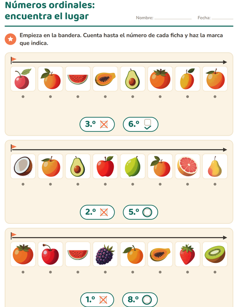 Vista previa de la hoja de Números ordinales con Frutas para jardín infantil