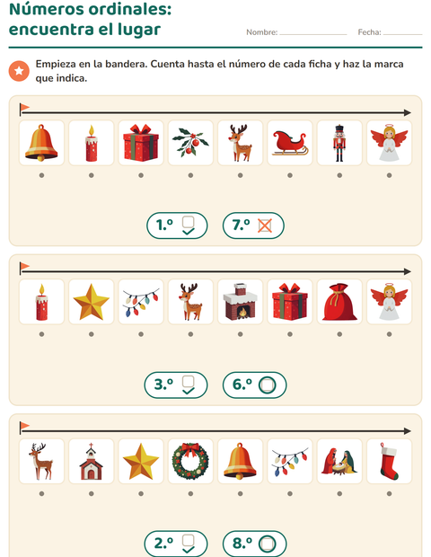 Vista previa de la hoja de Números ordinales con Navidad para jardín infantil