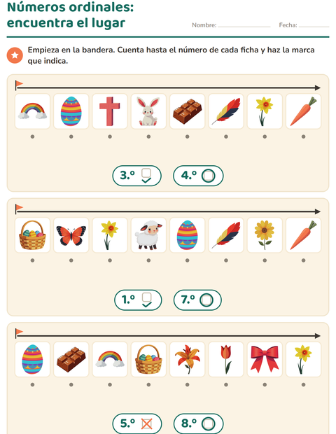 Vista previa de la hoja de Números ordinales con Pascua para jardín infantil