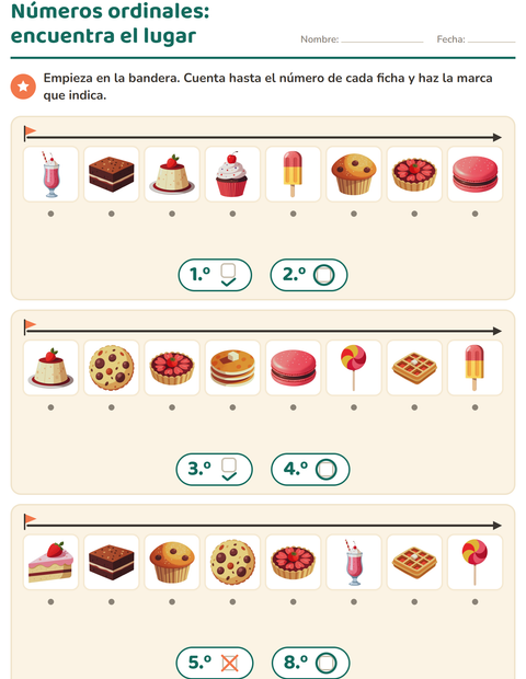 Vista previa de la hoja de Números ordinales con Postres y dulces para jardín infantil
