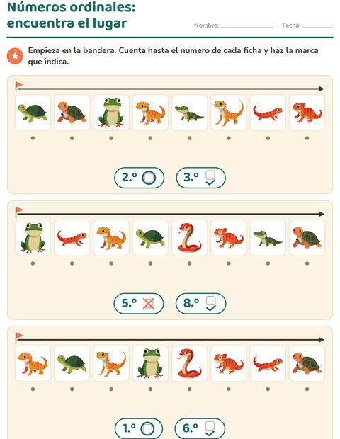 Vista previa de la hoja de Números ordinales con Reptiles y anfibios para jardín infantil