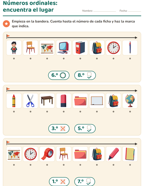 Vista previa de la hoja de Números ordinales con Salón de clases para jardín infantil