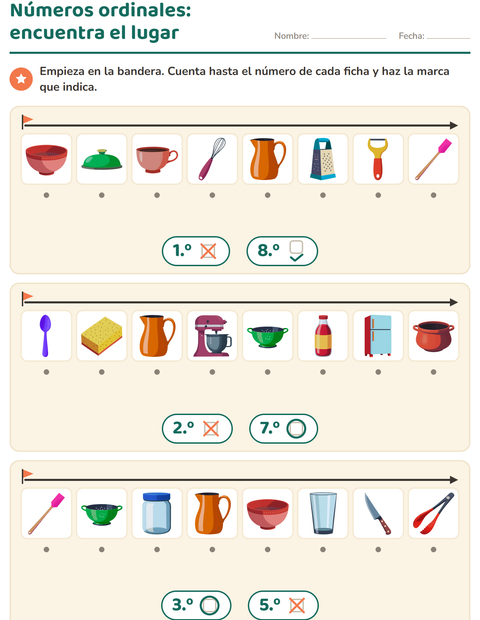 Vista previa de la hoja de Números ordinales con Utensilios de cocina para jardín infantil