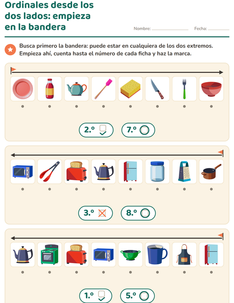 Vista previa de la hoja de Números ordinales con Utensilios de cocina para jardín infantil