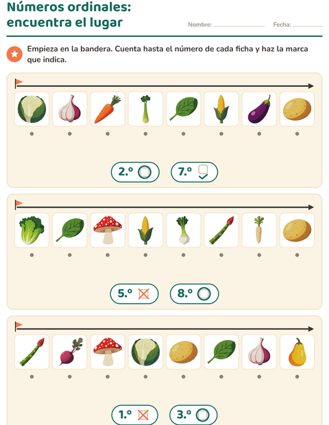 Vista previa de la hoja de Números ordinales con Verduras para jardín infantil