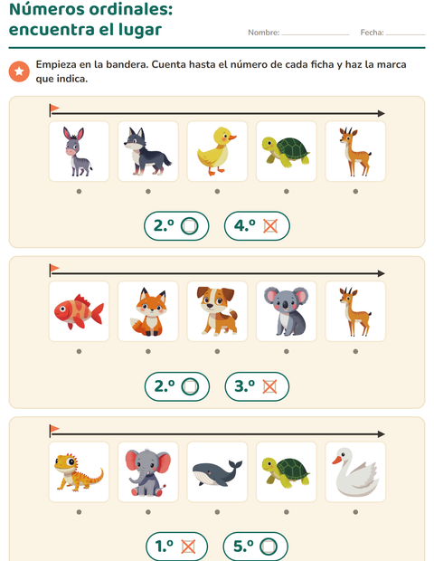 Vista previa de la hoja de Números ordinales con Animales para kínder