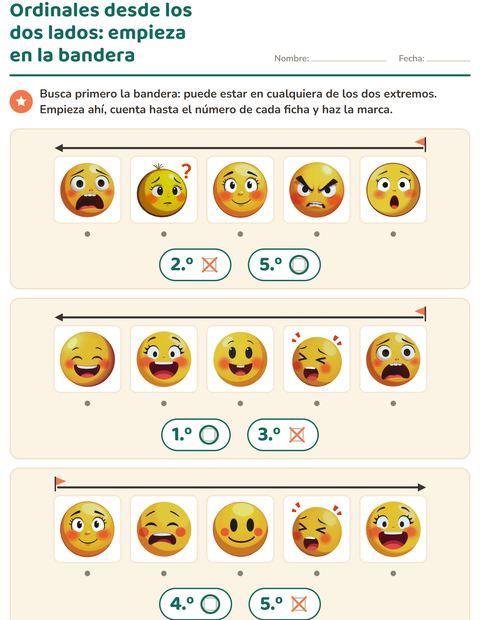 Vista previa de la hoja de Números ordinales con Emociones para jardín infantil