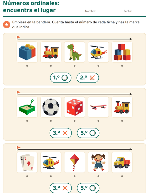 Vista previa de la hoja de Números ordinales con Juguetes para jardín infantil