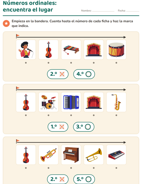 Vista previa de la hoja de Números ordinales con Música para jardín infantil