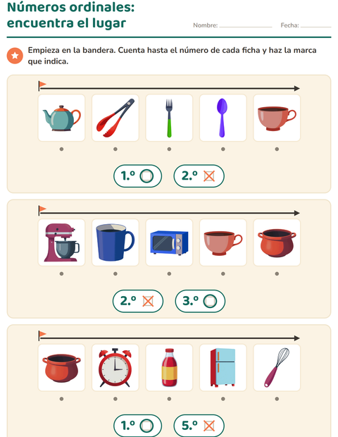 Vista previa de la hoja de Números ordinales con Utensilios de cocina para jardín infantil