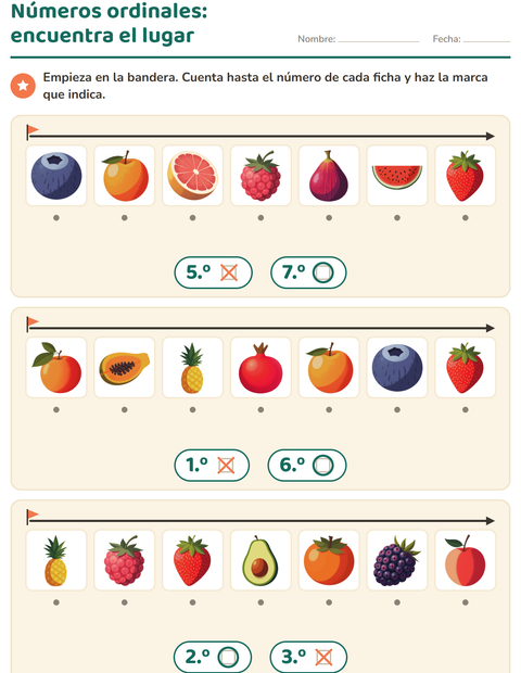Vista previa de la hoja de Números ordinales con Frutas para jardín infantil