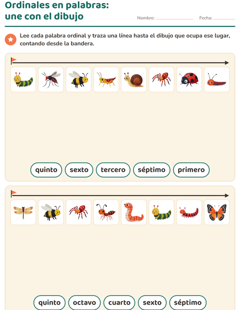 Vista previa de la hoja de Números ordinales con Insectos y bichos para grado 1