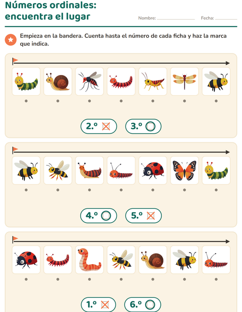 Vista previa de la hoja de Números ordinales con Insectos y bichos para jardín infantil