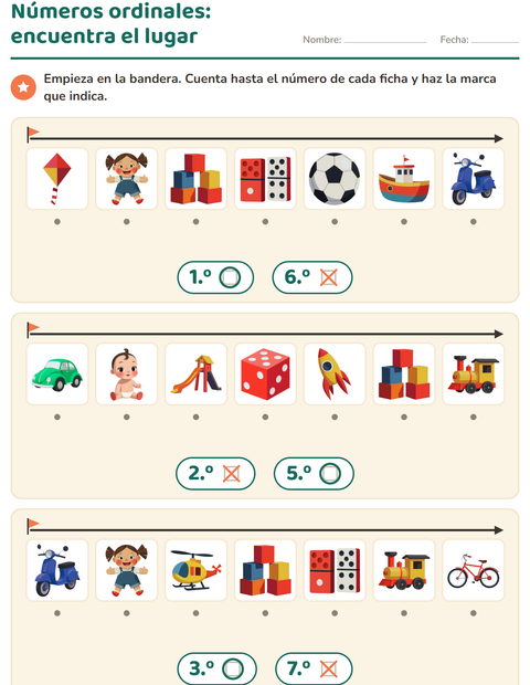 Vista previa de la hoja de Números ordinales con Juguetes para jardín infantil