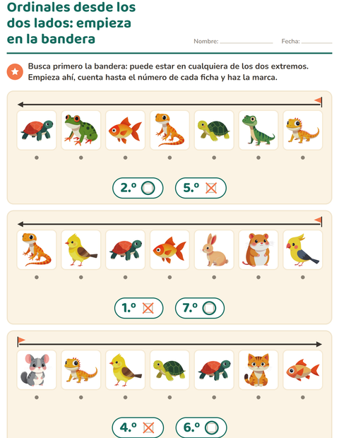 Vista previa de la hoja de Números ordinales con Mascotas para jardín infantil
