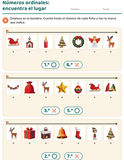 Vista previa de la hoja de Números ordinales con Navidad para jardín infantil