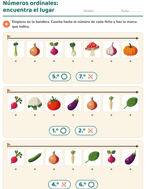 Vista previa de la hoja de Números ordinales con Verduras para jardín infantil