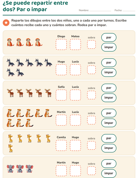 ¿Se puede repartir entre dos? Par o impar con animales del zoológico — primer grado