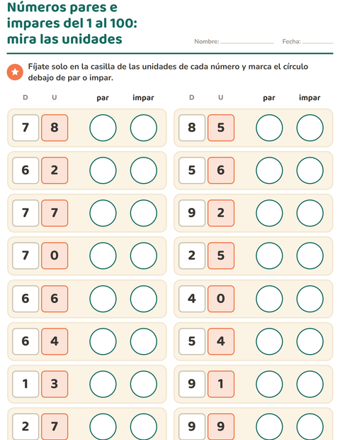 Vista previa de la hoja de Números pares e impares para grado 2