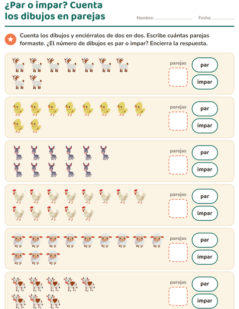 Vista previa de la hoja de Números pares e impares con Animales de granja para grado 1
