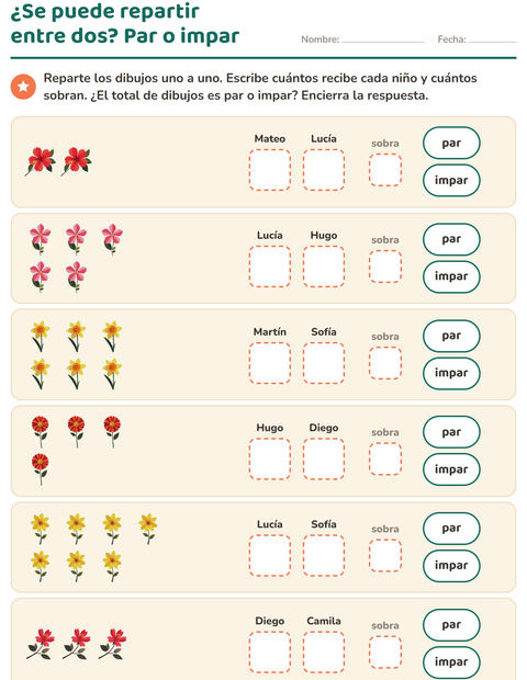 Vista previa de la hoja de Números pares e impares con Flores para grado 1