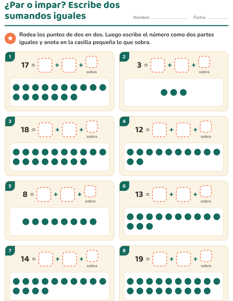 ¿Par o impar? Escribe el número como dos sumandos iguales — segundo grado