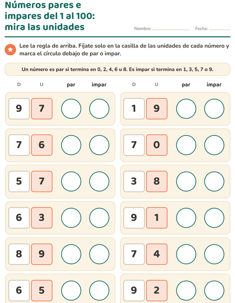 Vista previa de la hoja de Números pares e impares para grado 2