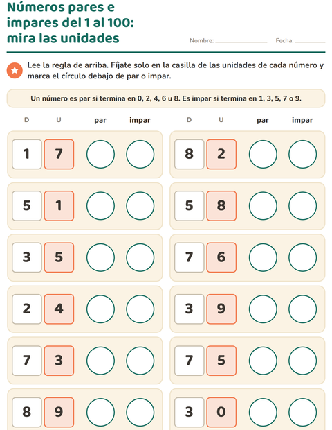 Vista previa de la hoja de Números pares e impares para grado 2