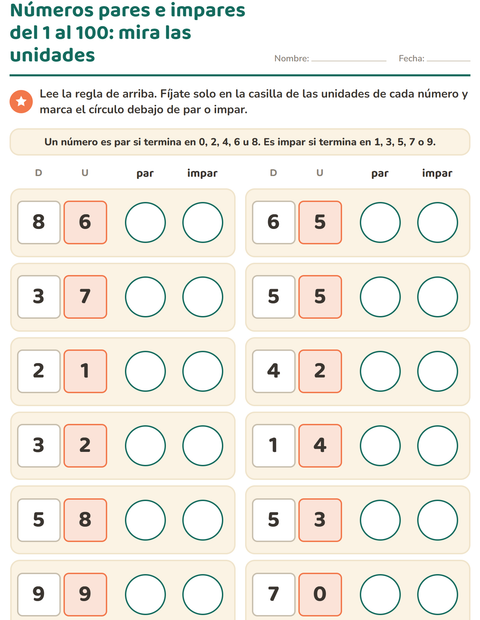 Vista previa de la hoja de Números pares e impares para grado 2
