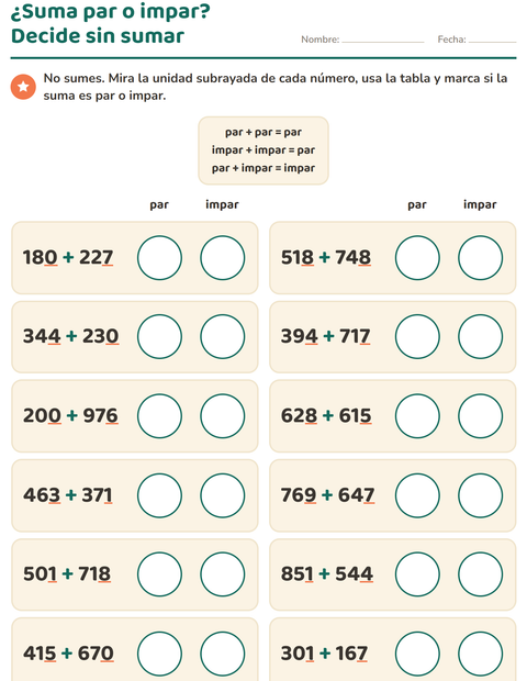 Vista previa de la hoja de Números pares e impares para grado 3