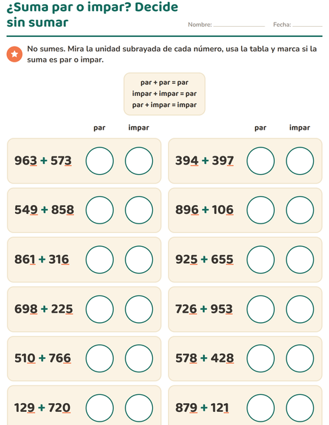 Vista previa de la hoja de Números pares e impares para grado 3