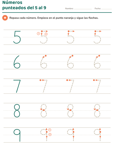 Vista previa de la hoja de Números punteados para jardín infantil