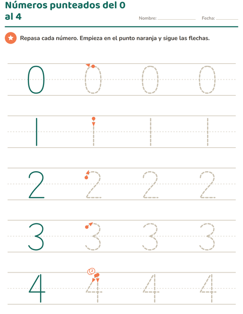 Números punteados del 0 al 4: los primeros trazos en grande