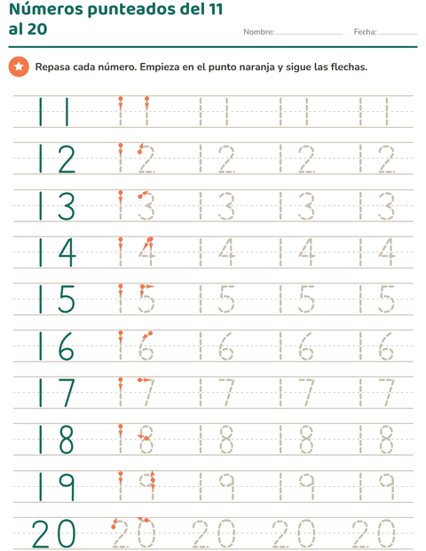 Vista previa de Números punteados del 11 al 20: dos cifras en cada número