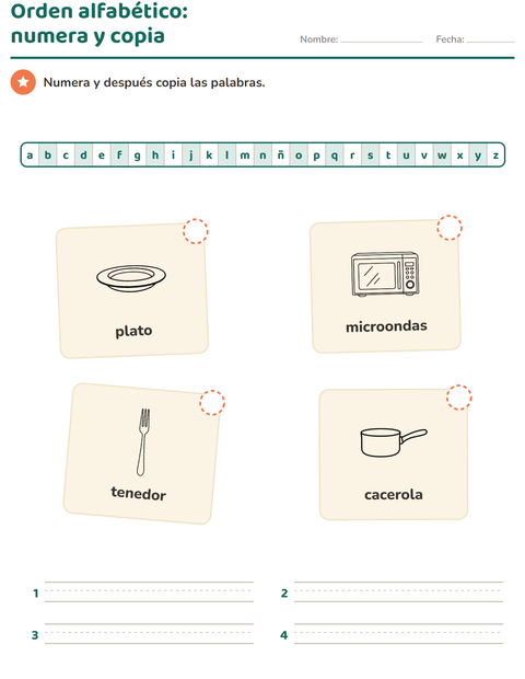Vista previa de la hoja de Orden alfabético con Cocina BN para grado 1