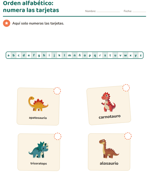 Vista previa de la hoja de Orden alfabético con Dinosaurios para grado 1