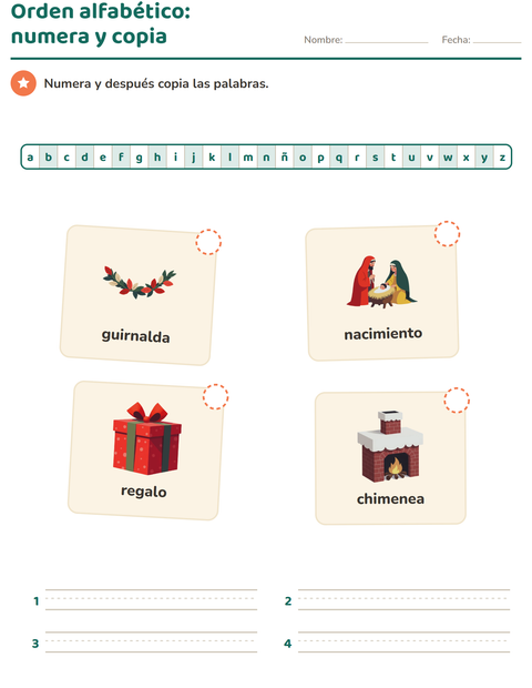 Vista previa de la hoja de Orden alfabético con Navidad para grado 1