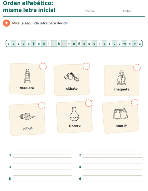 Vista previa de la hoja de Orden alfabético con Objetos BN para grado 1