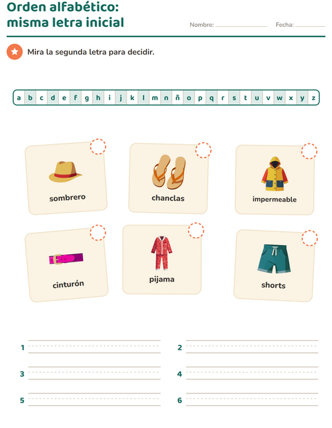 Vista previa de la hoja de Orden alfabético con Ropa para grado 1