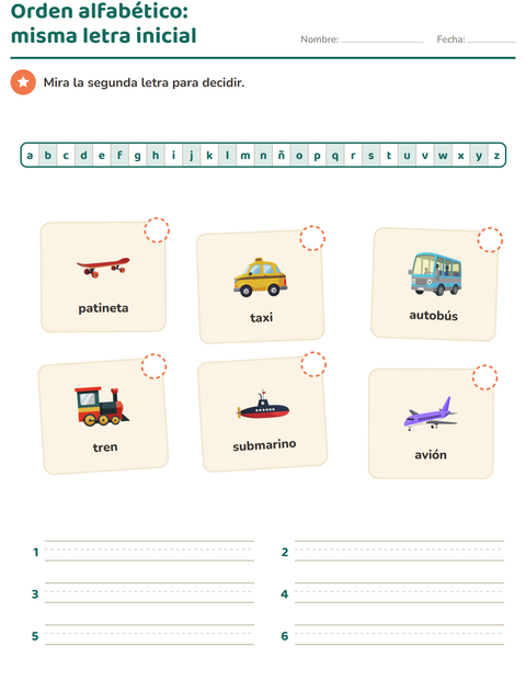 Vista previa de la hoja de Orden alfabético con Vehículos para grado 1